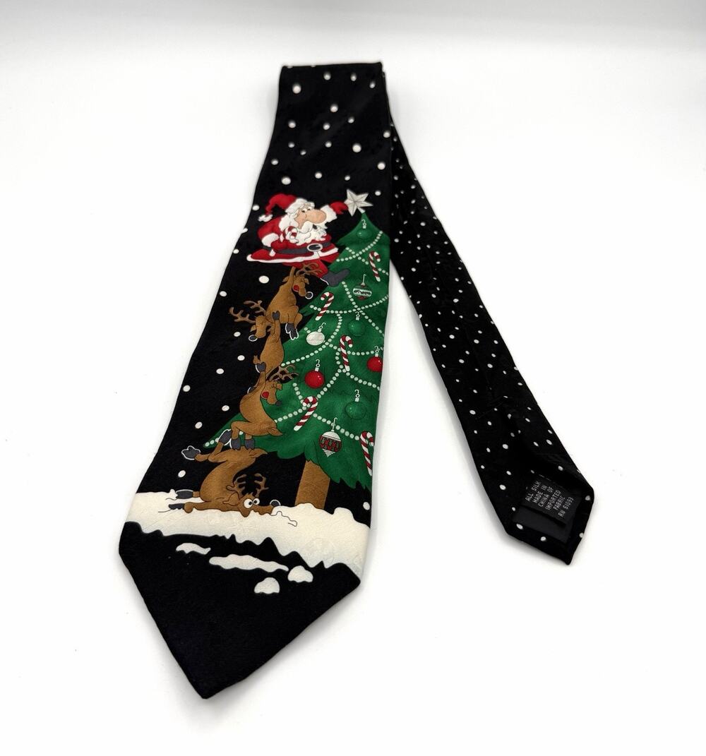 Hallmark Santa & Reindeer Christmas Tree Decorating Funny Holiday Fun Tie Black